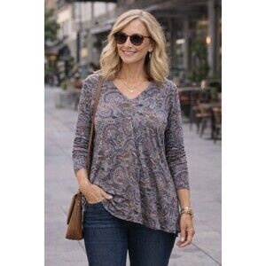 J Jill Simply Supima Cotton V-Neck Tunic Top Paisley Gray Womens Medium